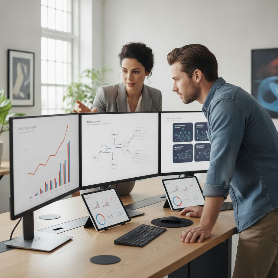 Two marketers review analytics and content plans on bright office screens in a clean workspace.