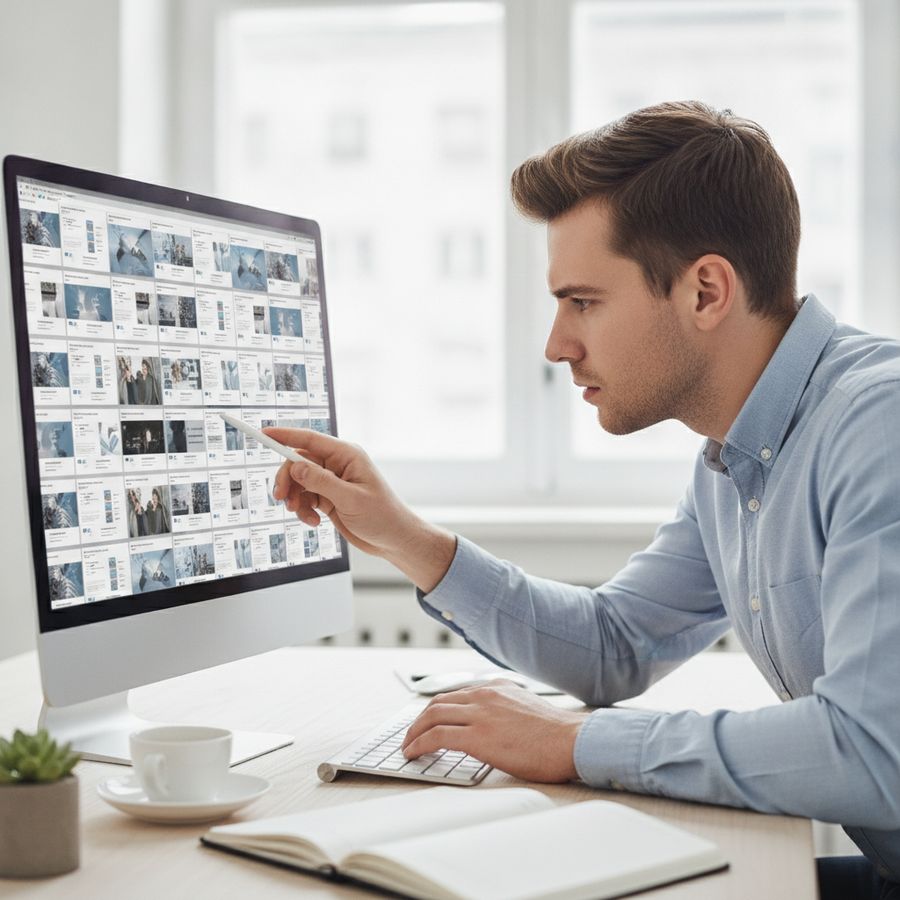 Marketer at a desk studying many similar webpage thumbnails on a bright computer screen in a modern office.