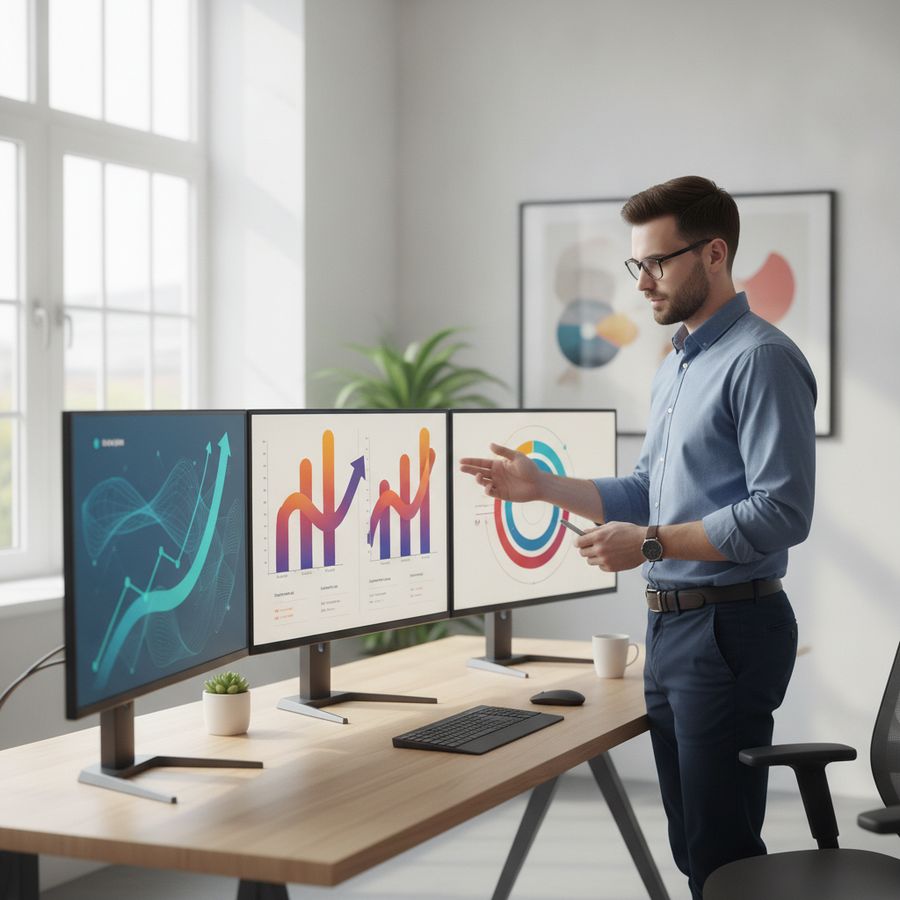 Strategist compares page performance charts across multiple monitors in a bright office setting.