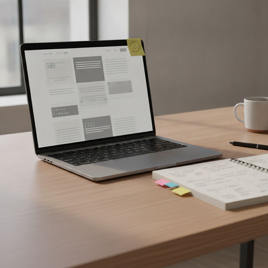 Laptop with neatly structured webpage blocks and notes on a bright desk with soft daylight.