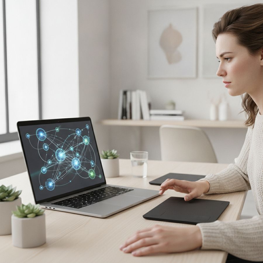 Laptop shows connected page nodes while a specialist reviews site structure at a bright desk.