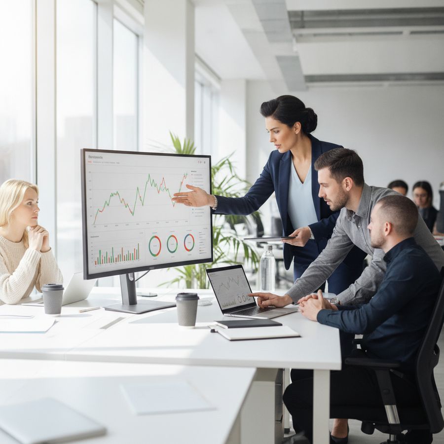 SEO team reviews ranking charts on monitors in a bright office with a focused, collaborative mood.